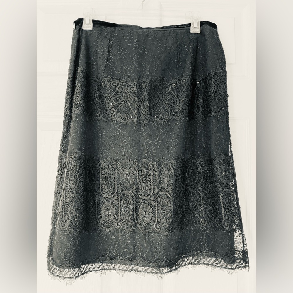 Ann Taylor | Black Lace Midi Skirt | Velvet Bow Waist | Sequin Detail - Picture 2 of 5